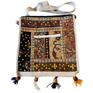 Burlap Womens Crossbody Bag Messenger Boho Hippie Embellished FLAWS